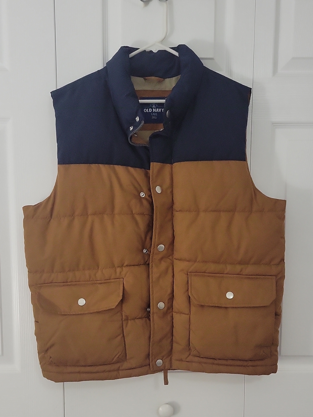 Old Navy Colorblock Puffer Vest in Navy and Brown